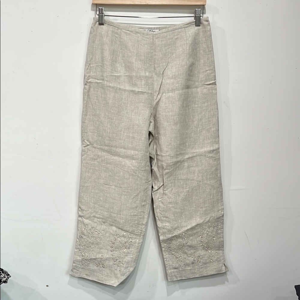 Nikki Valentine Irish Linen Fully lined Straight Leg Embroidered Grey size 8